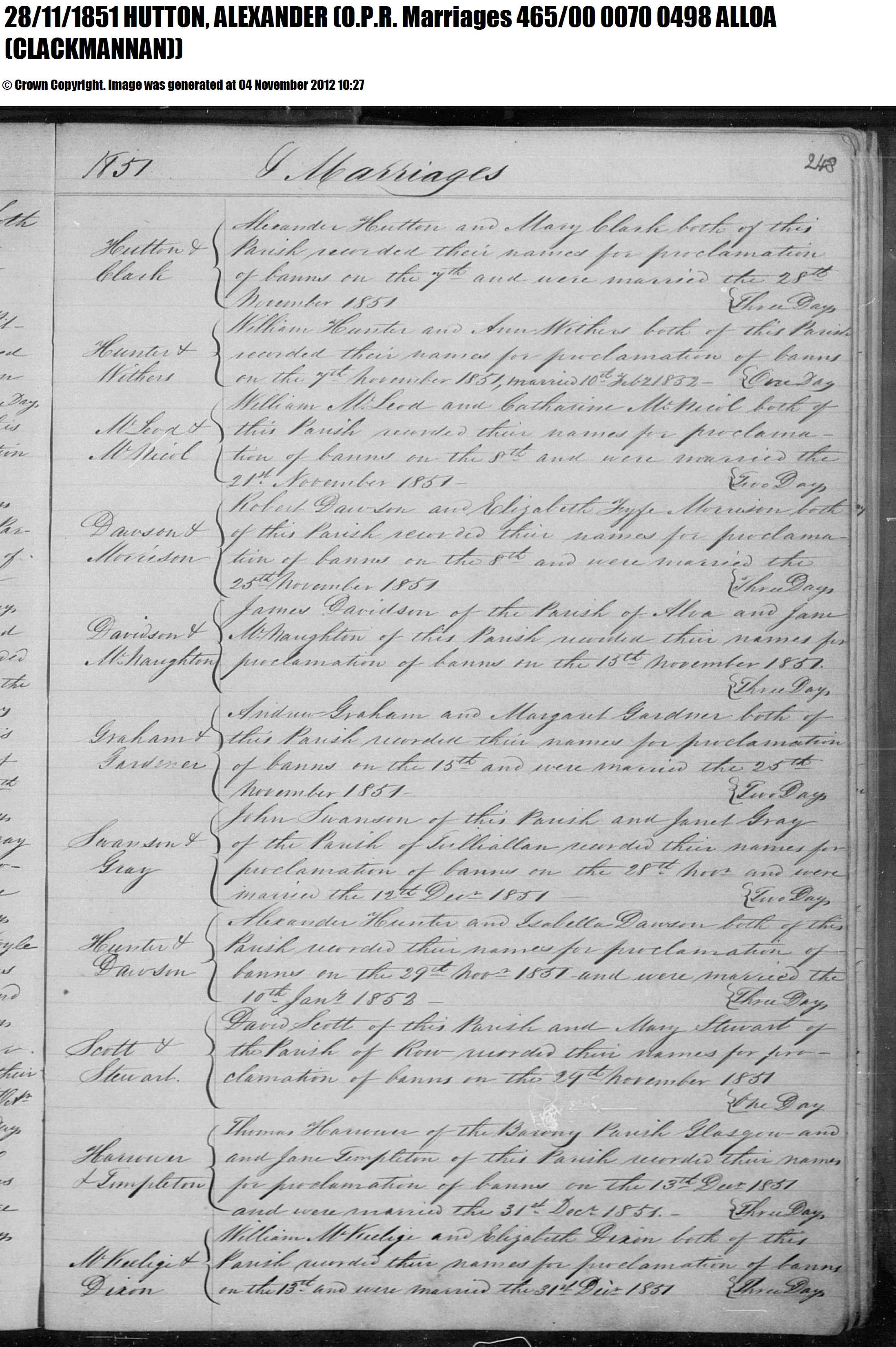 marriage alexander hutton - mary clark 1851